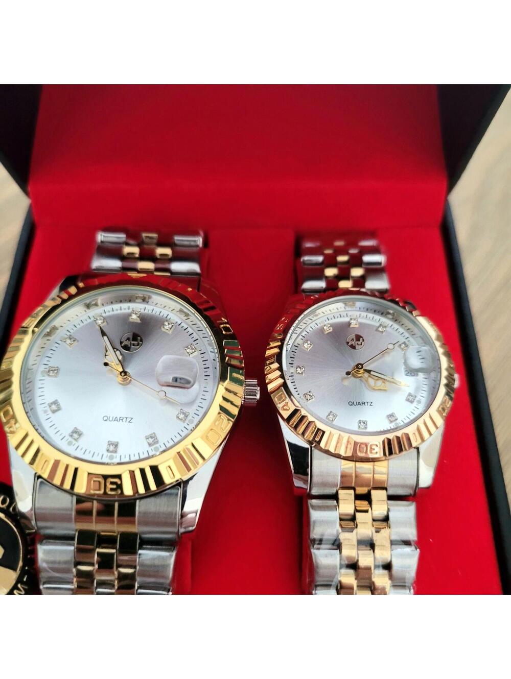 AJ Two-Tone Quartz Stainless Steel Watch Set with Date Display